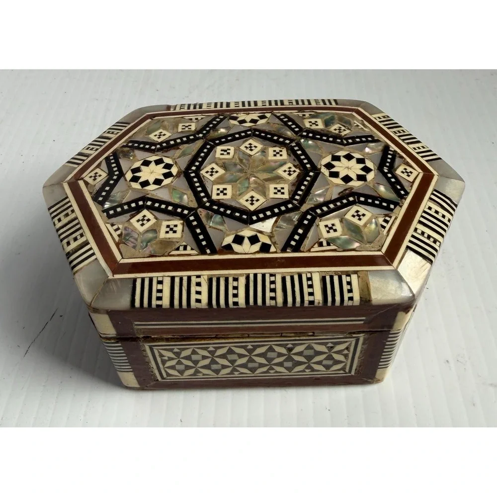 Vintage Egyptian Handmade Wood Jewelry Box Hexagon Mother of Pearl Inlay Mosaic